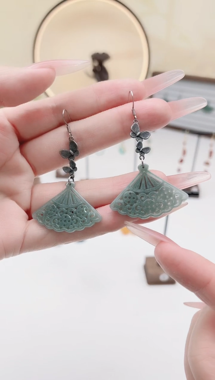 未镶嵌翡翠耳饰00翡翠扇子