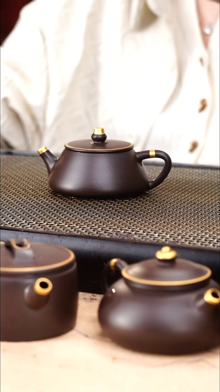 茶壶紫砂四号井茄皮紫泥描金平盖石瓢120cc