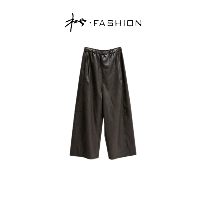 薄款松紧腰拼接休闲皮灯笼裤