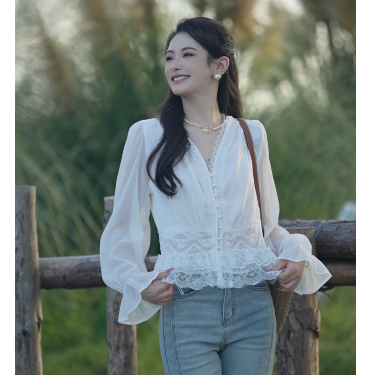【YO YO】气质雪纺衫蕾丝温柔开衫纯色长袖喇叭袖秋季新款26229