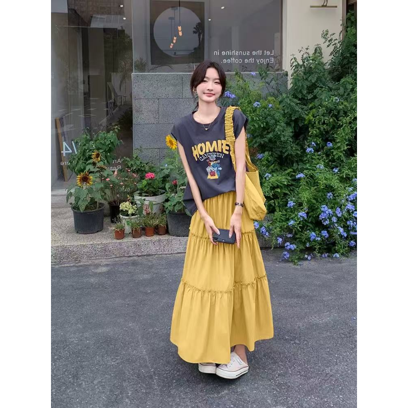 Y17853-减龄松弛感穿搭女夏季新款卡通印花无袖上衣半身裙套装