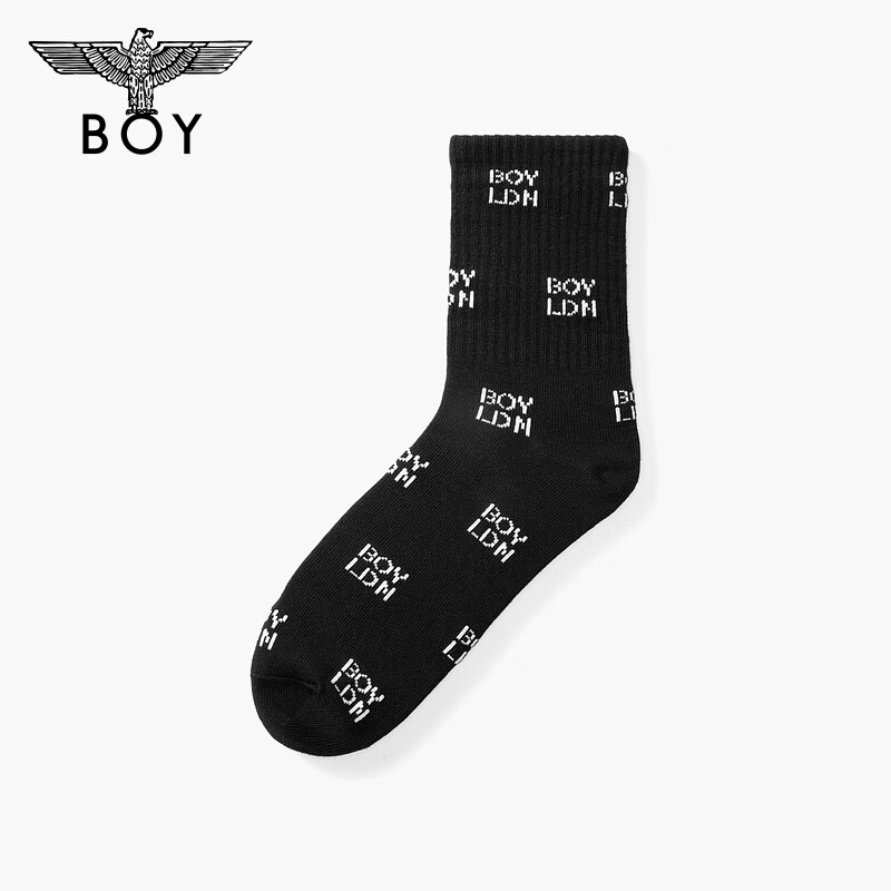 BOYLONDON25新款夏季男女同款中筒黑色logo舒适潮牌袜子N81010