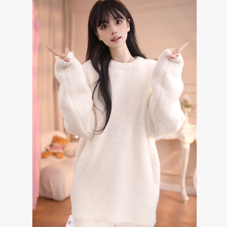 【纯版】睡衣套装半边绒宽松加绒圆领保暖甜美时尚长袖WQN