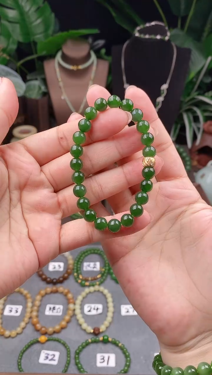 【闪购商品】和田玉（碧玉）手链未镶嵌俄料无黑精品8m菠菜绿碧玉手串