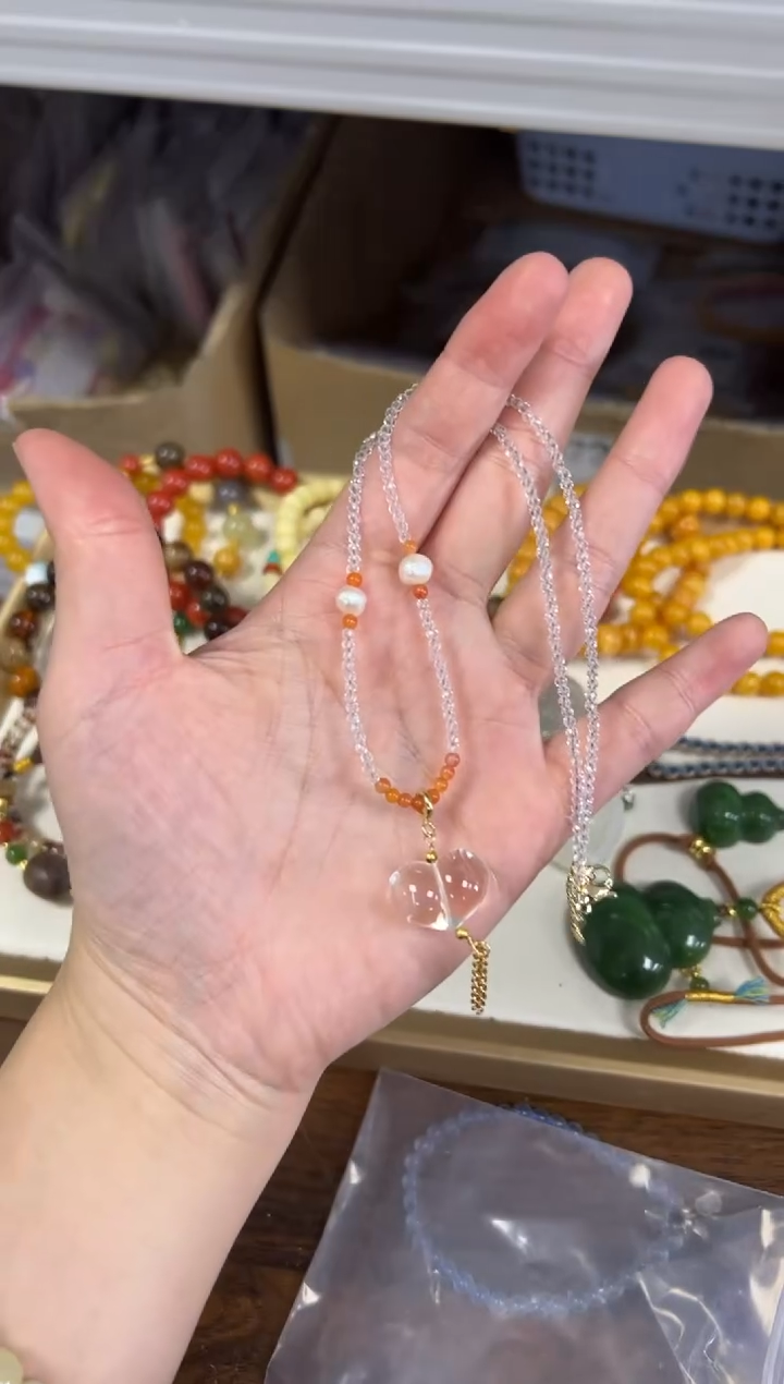 项链未镶嵌水晶孤品白水晶屁桃切面珠项链[97]