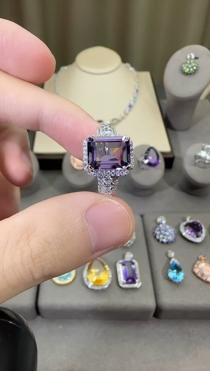 银S925镶嵌戒指紫晶10*8mm戒指简约款