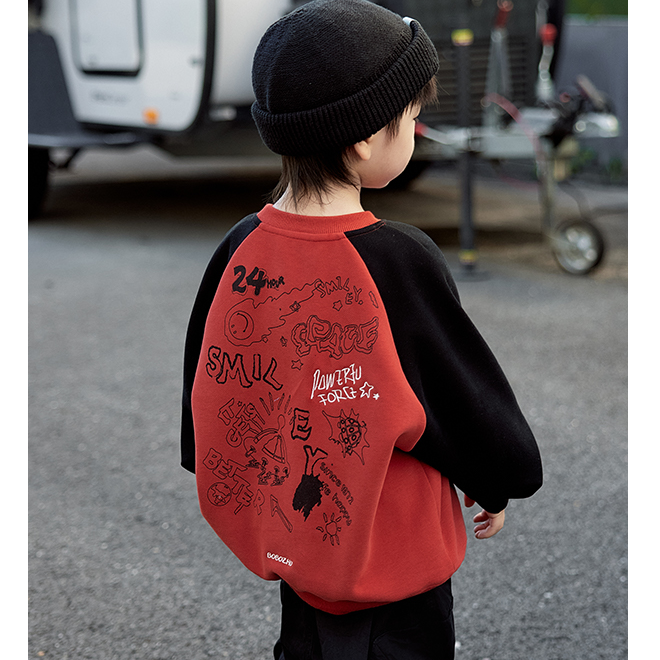 儿童趣味线条图案春秋卫衣2025秋季新款拼色中小童打底衫男童上衣