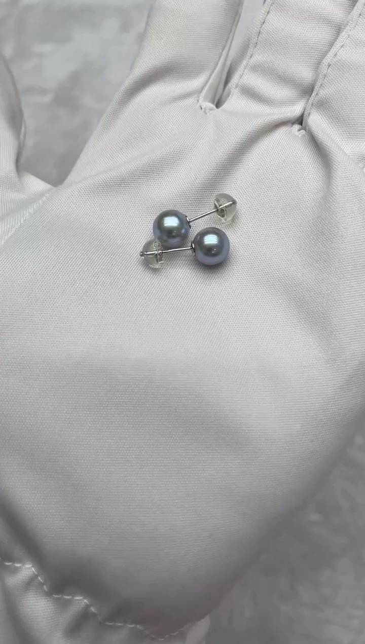 银S925镶嵌海水珍珠耳钉AK真多麻素钉7.5-8mm