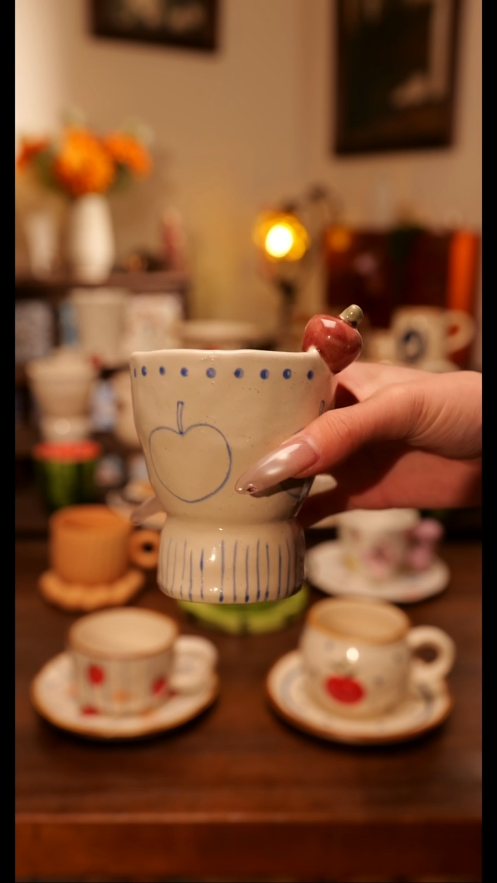 陶便携款粗陶磨砂小苹果手作    手绘釉下彩