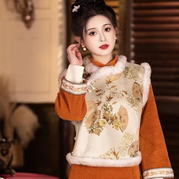 785-国风  扇子 马甲 旗袍【单马甲】