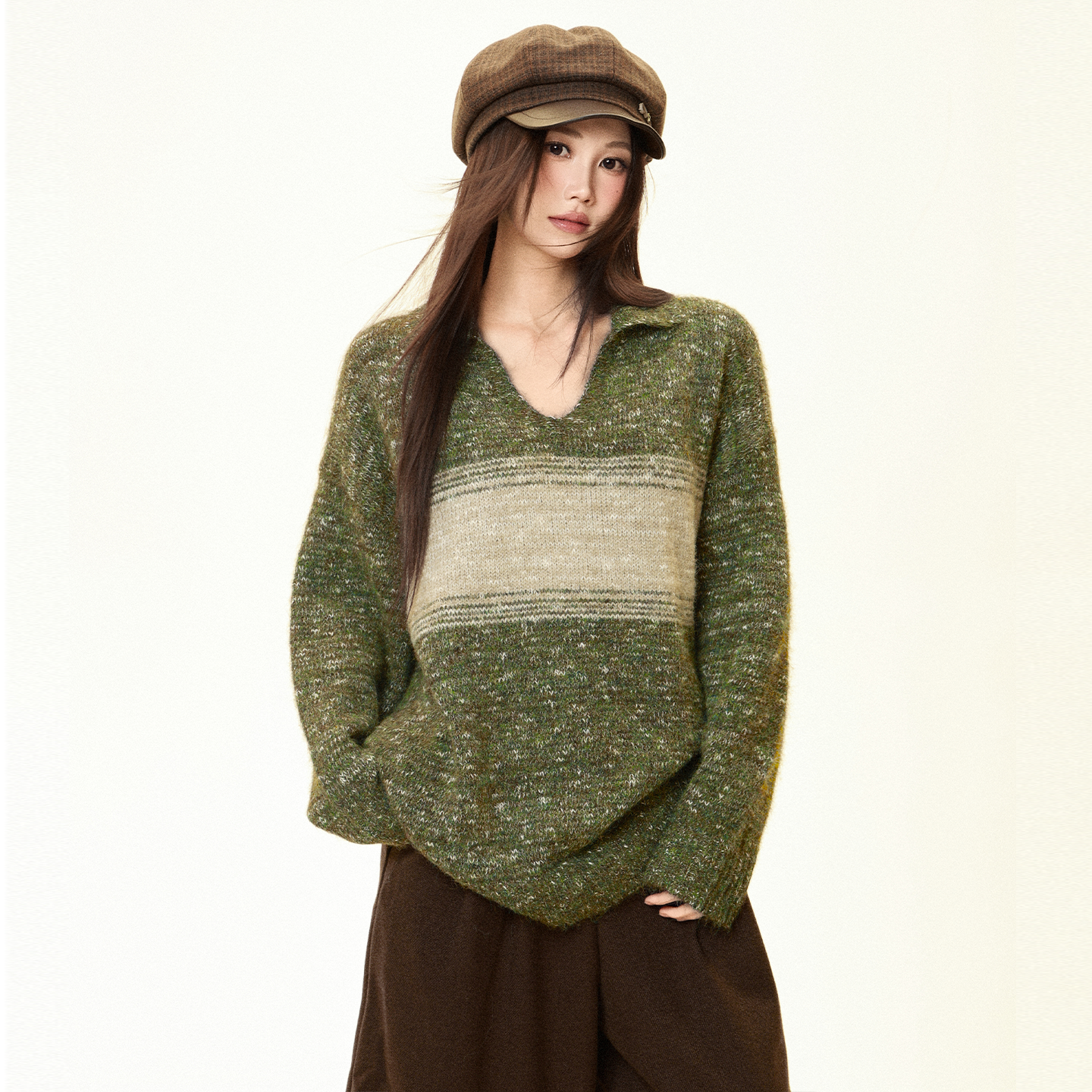 PVJ复古风V领长袖毛衣女2025冬季绿色扎染插色套头宽松显瘦针织衫