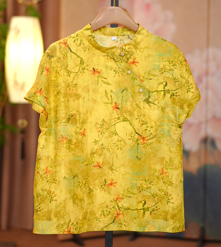 缃叶-新中式高定夏季斜襟盘扣黄色短袖小衫