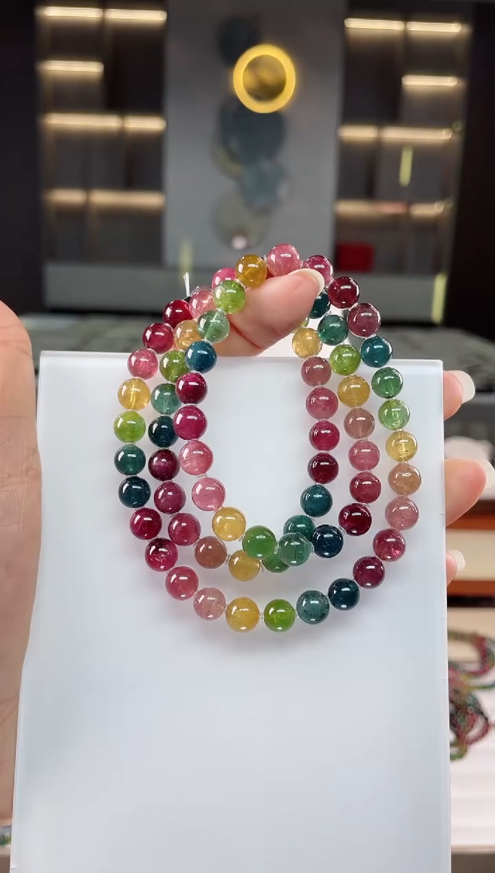 未镶嵌老矿碧玺彩虹三圈手串7mm+碧玺（多样性发一条）Q