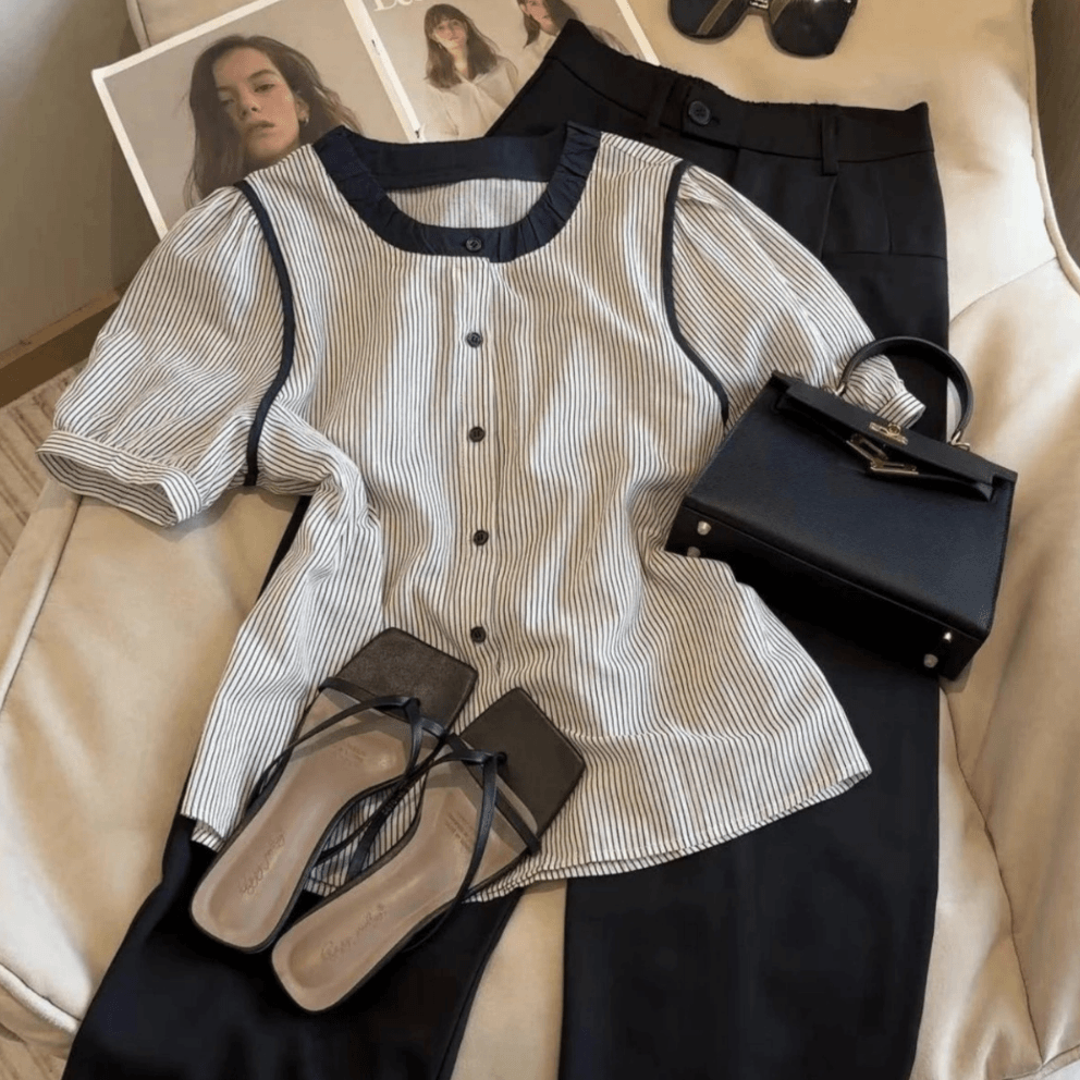 季念圆领拼色短袖条纹衬衫女2025夏季新款宽松显瘦休闲小衫0261