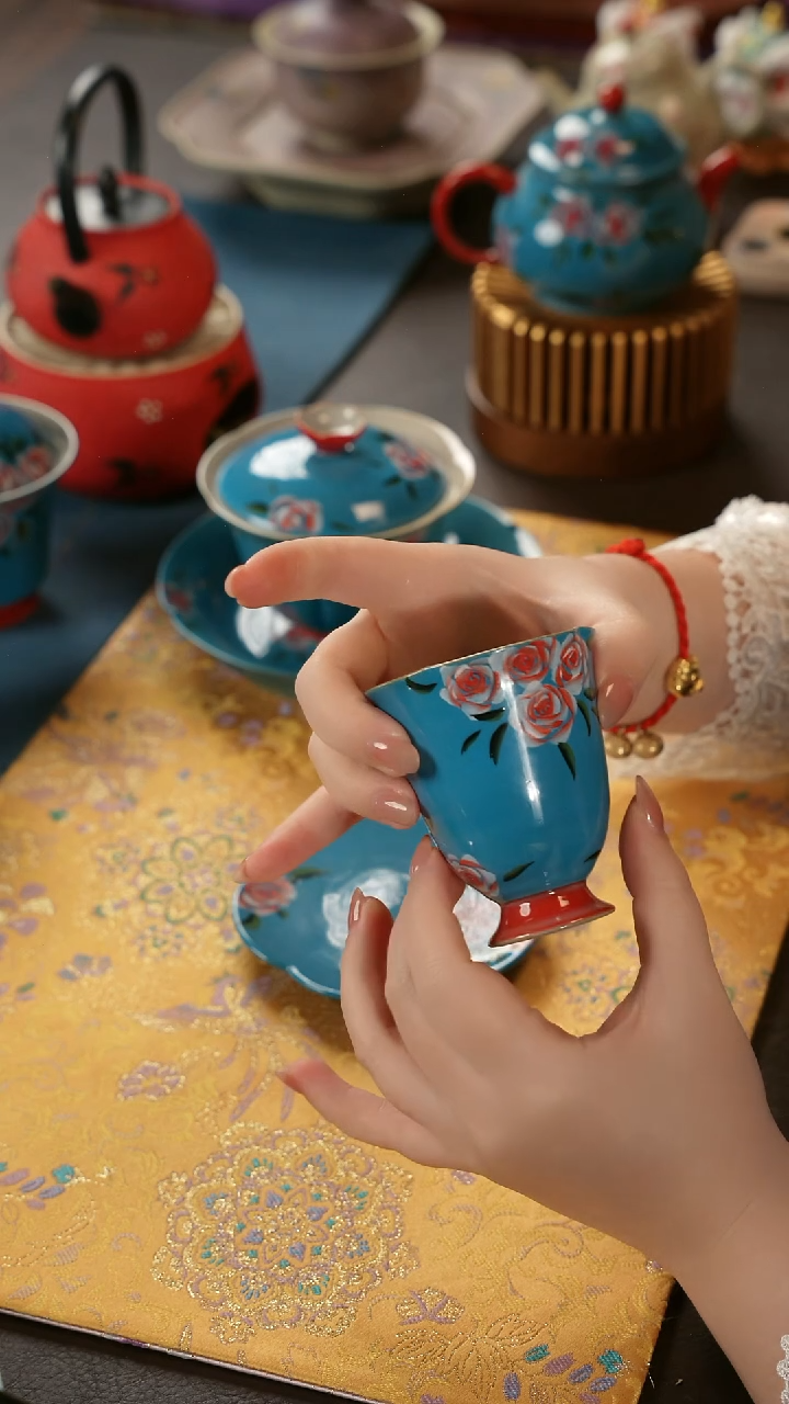 陶瓷茶具亮面玫瑰高足花口杯