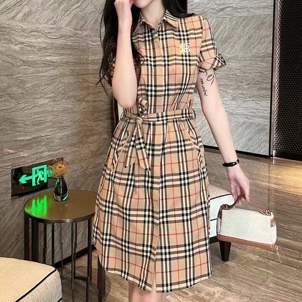 （TB刺绣短袖连衣裙）夏季格子连衣裙复古气质短袖中长裙宽松腰时尚
