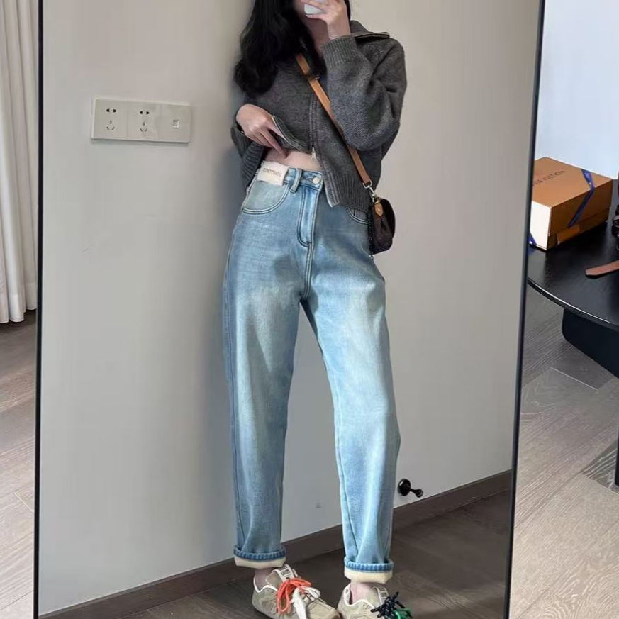 衣源603#牛仔宽松水洗哈伦裤2025新款冬季加绒加厚（长约97）