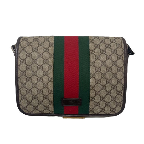 99新 GUCCI/古驰 98新古驰经典棕老花翻盖斜挎邮差包（9876）