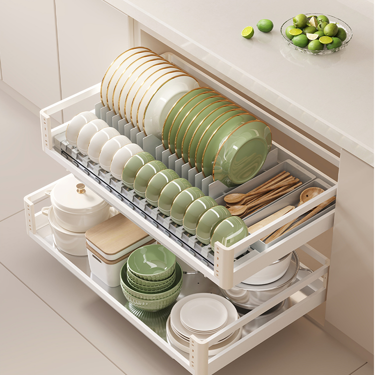 HIGOLD/悍高全新L系皓月白家用橱柜碗篮抽拉式厨房多功能双层拉篮