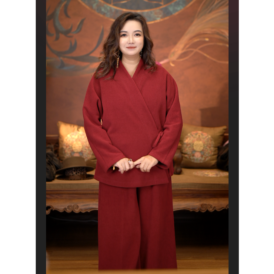 爱上莲心【红色加绒三件套】欧棉绒四根带上衣阔腿裤 新中式中国风