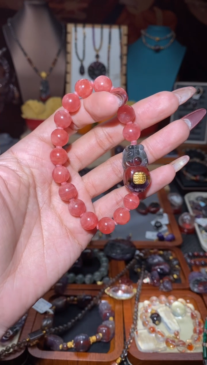 【闪购商品】菱锰矿手串18K金镶嵌红纹石