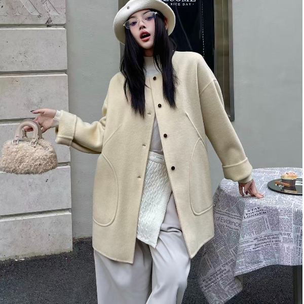【CH】韩版秋冬气质中长款圆领一排扣时尚毛呢外套