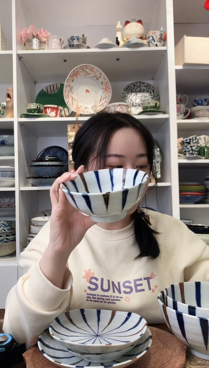 陶瓷三峰蓝十草米饭碗13.5cm