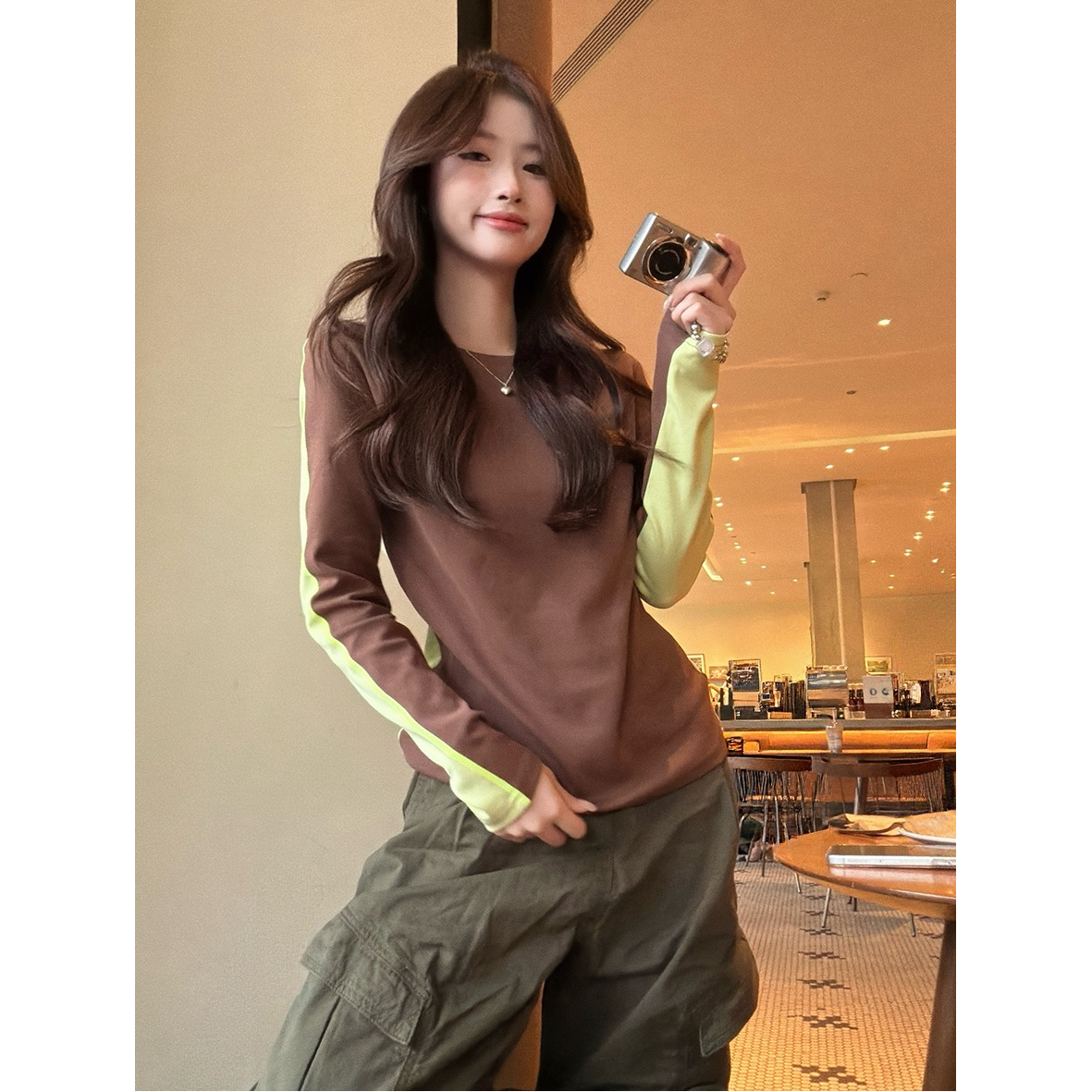 2025秋冬加绒新款韩系撞色拼接圆领长袖打底衫t恤显瘦百搭上衣