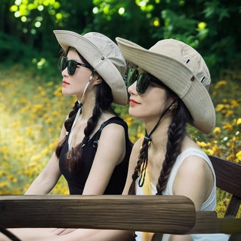 #5防晒太阳帽户外钓鱼登山帽西部牛仔帽女抽绳渔夫帽男大檐