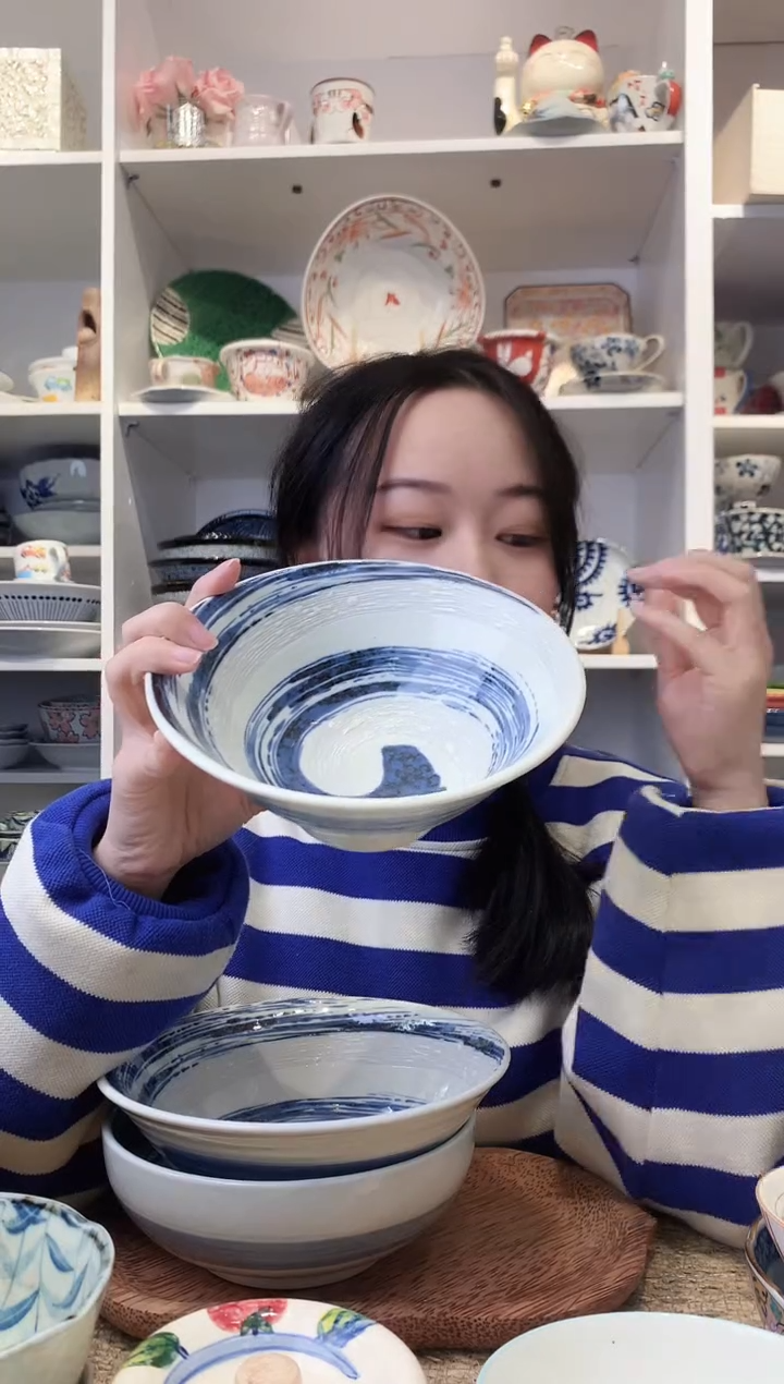 陶瓷美浓烧风吹清流斗笠面碗18cm