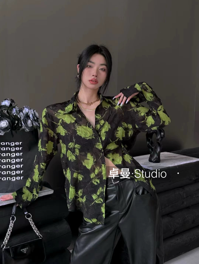 （微透长袖）复古衬衫女提花轻奢花色洋气显瘦百搭气质上衣夏