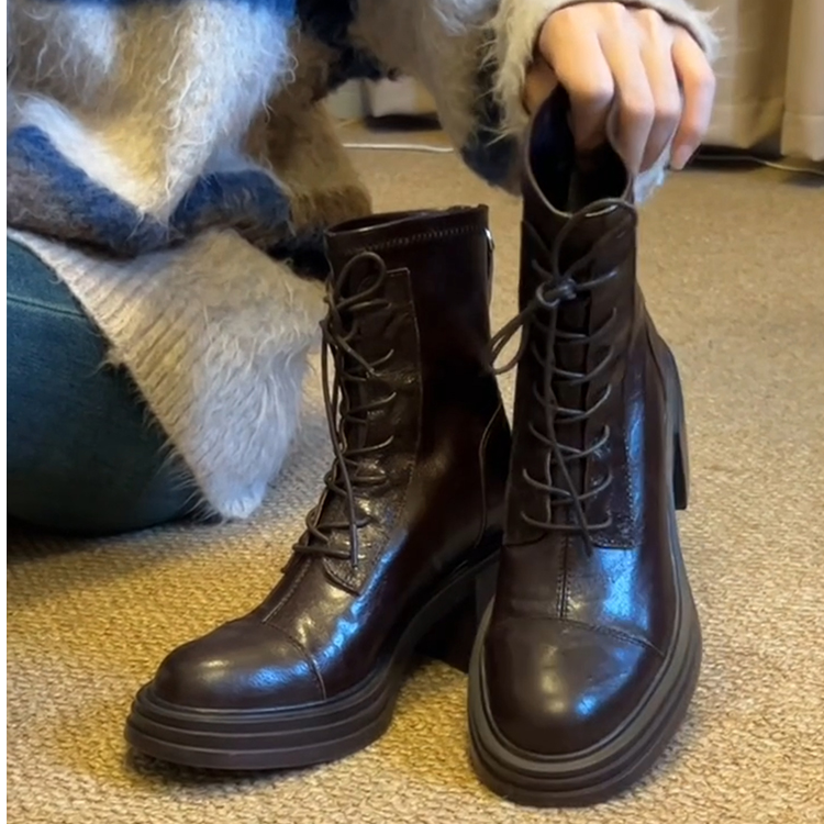 羊皮版静音底手抓纹软羊皮马丁靴女瘦瘦靴秋冬弹力软底体制内粗跟