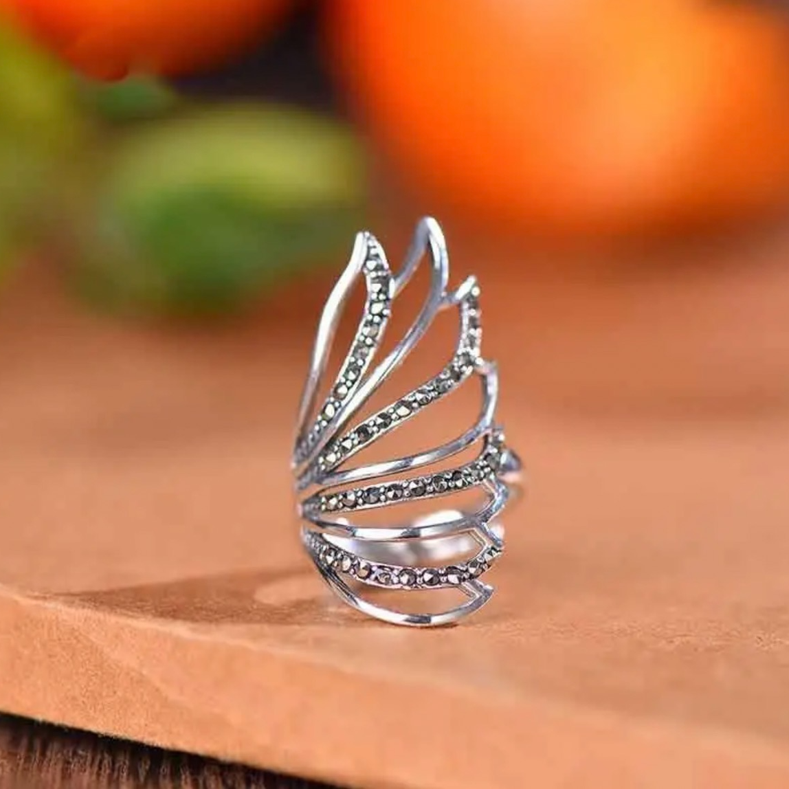 925银戒指 羽毛食指戒女个性高级感复古长款银饰