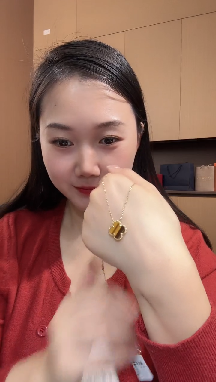 【闪购商品】木变石（虎睛石）套链18K金镶嵌黄色k黄，四叶草套链25版