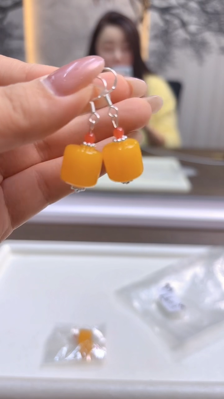 蜜蜡银S925镶嵌耳饰DIY款E879