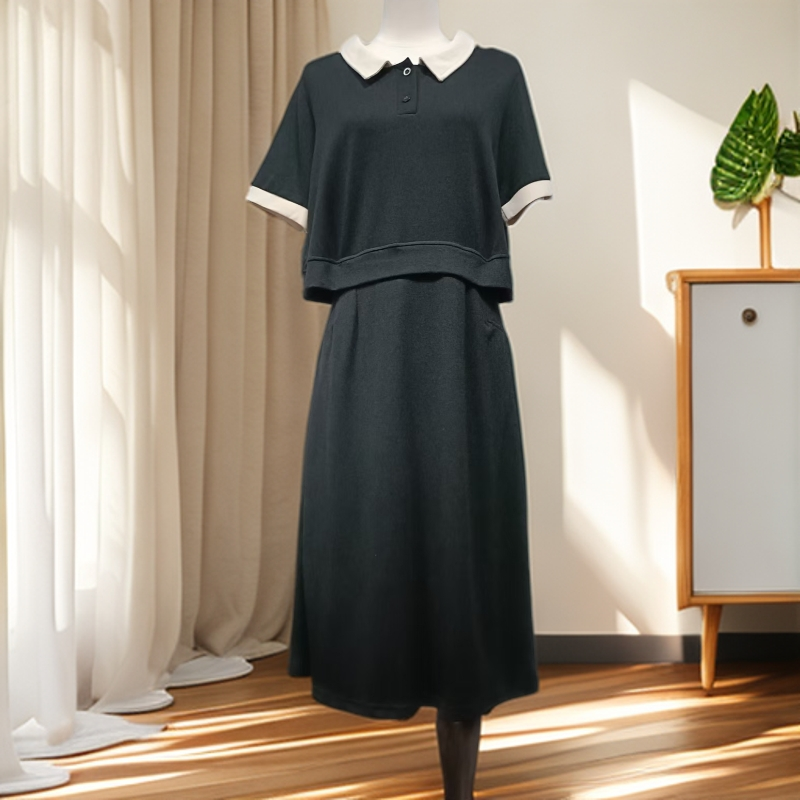 夏季娃娃领撞色假两件修身显瘦连衣裙T282