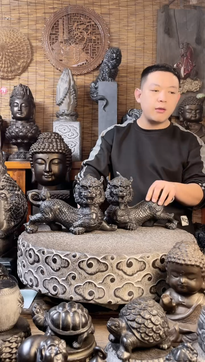 【闪购商品】30回头麒麟一对天然青石雕刻