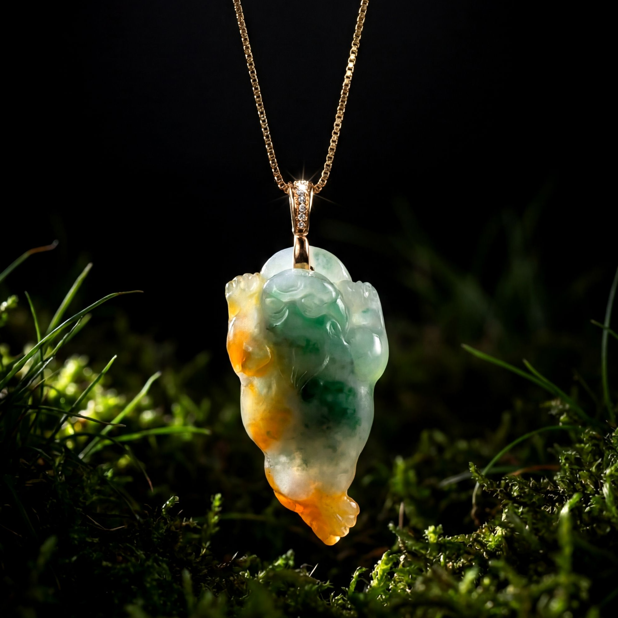 【福蟾含金】含链 糯冰绿底红黄翡翠金蟾衔币项链 18K金镶祥瑞守护