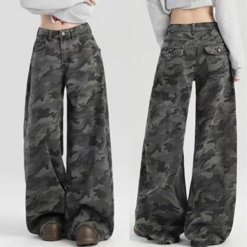 新款福利款百搭迷彩加绒/单料牛仔裤慵懒风宽松大阔腿裤2060/3007