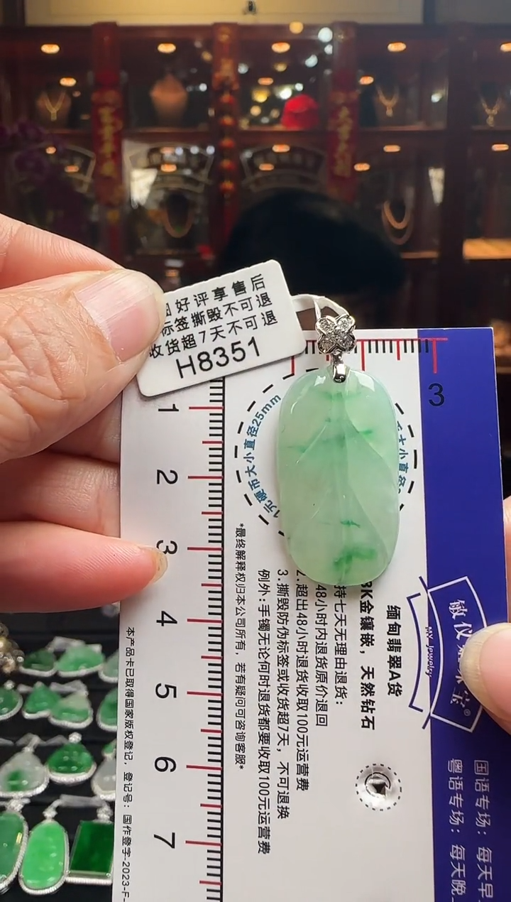 【闪购商品】翡翠颈饰18K金镶嵌H8351冰飘绿叶子