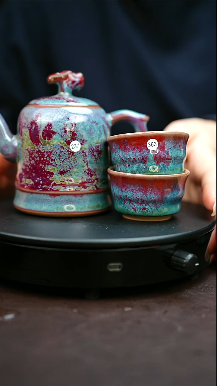 大*237#363#原矿钧瓷炉钧釉金钟壶两杯