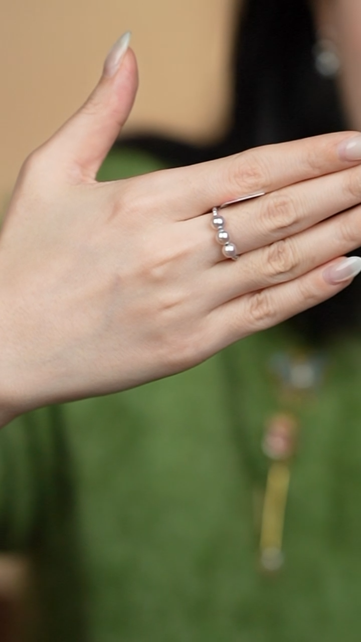 18K金镶嵌戒指海水珍珠5-6akoya真多麻3珠戒指