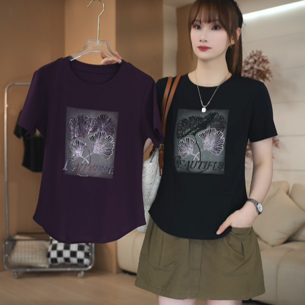 SHUOBAI/说白【印花+烫钻】减龄遮肉 修身显瘦 圆领领短袖T恤253#