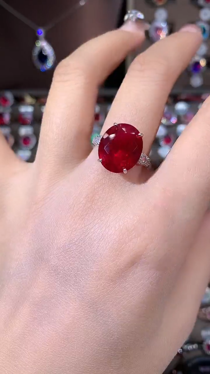 无925银鸽血红色戒指