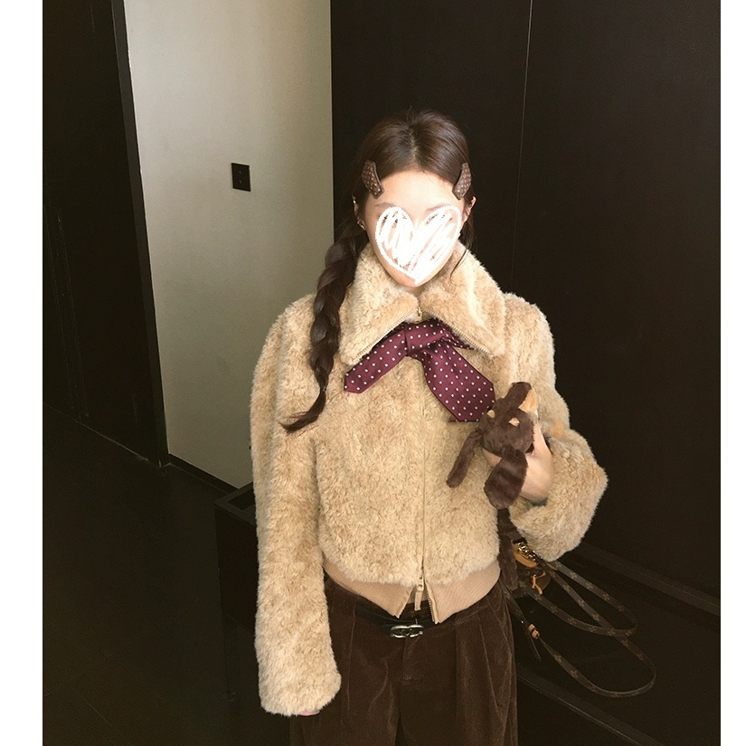 清!!千金老钱毛毛拉链外套女秋冬小个子百搭宽松翻领上衣#W819