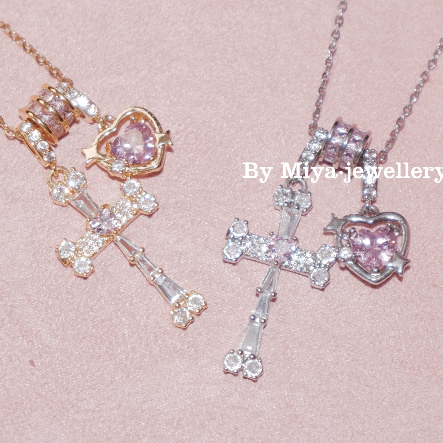 钛钢锆石项链 爱心契约~十字架粉色爱心超可爱欧美美式项链