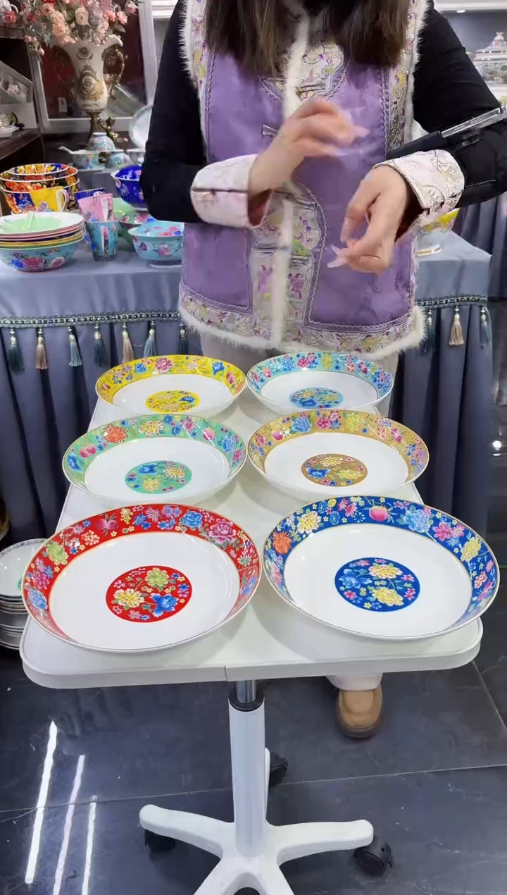 珐琅8英寸圆深盘6个景德镇陶瓷混色