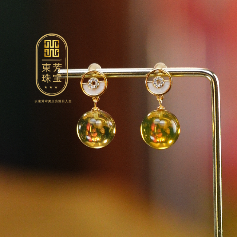 東芳珠宝-12mm墨西哥天然蓝珀耳钉S925银琥珀耳环简约优雅镶嵌