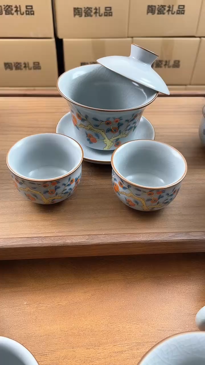 【闪购商品】瓷片福缘堂-柿柿如意盖碗带两禅定杯