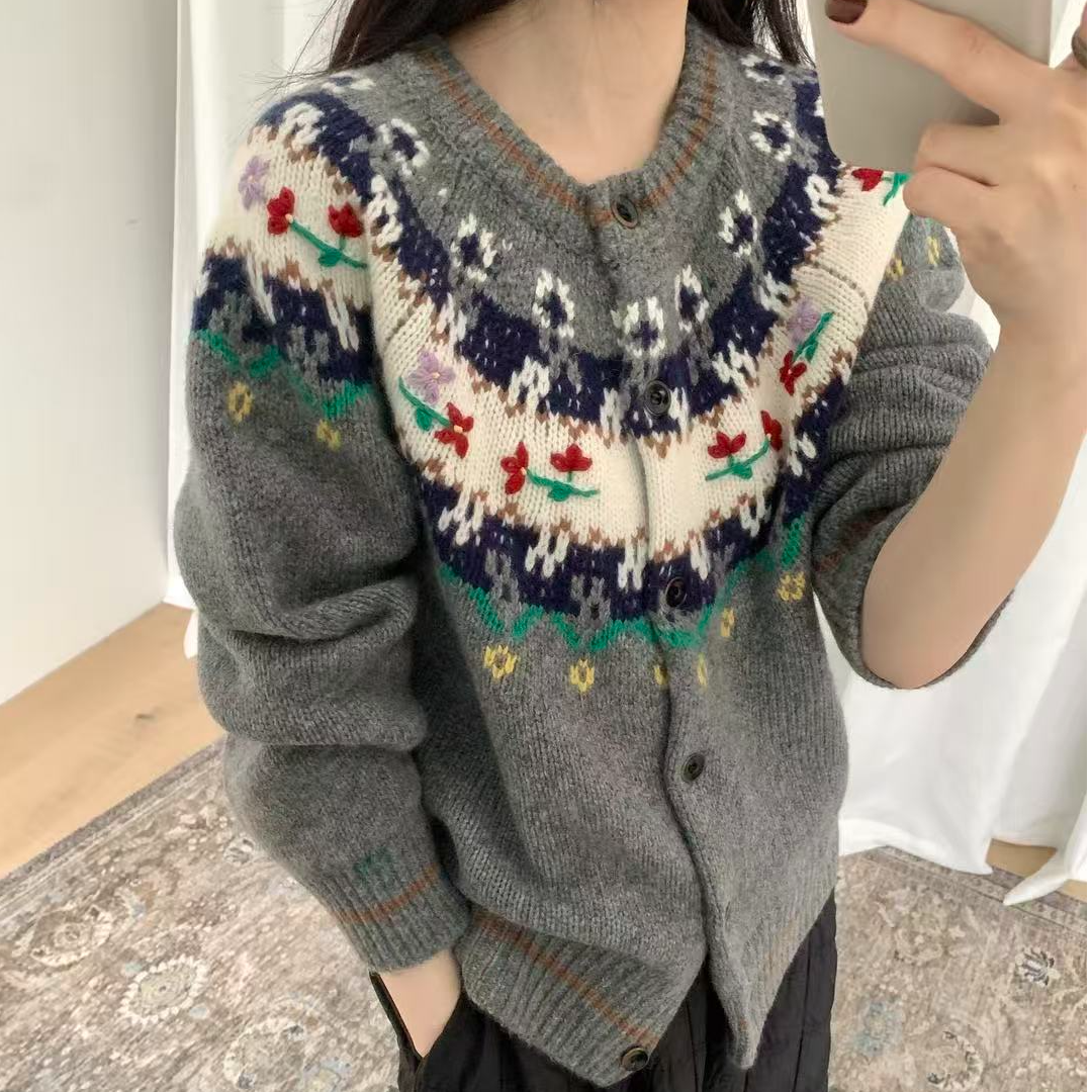 {花朵费尔岛}100%羊毛重工手工钩花碎花韩系甜美复古厚款开衫